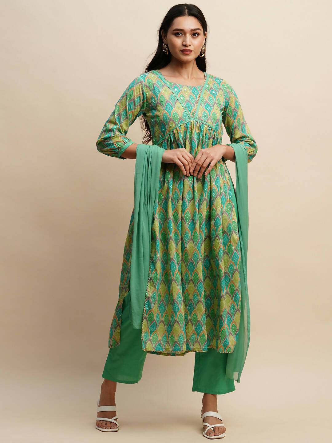 Sea Green Pure Cotton Bandhani Printed Naira Cut Kurta And Bottom With Dupatta - Akashara