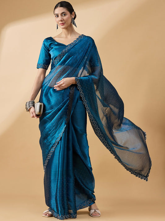 Teal Organza Swaroski Diamond Work Saree with Unstitched Blouse - Radha