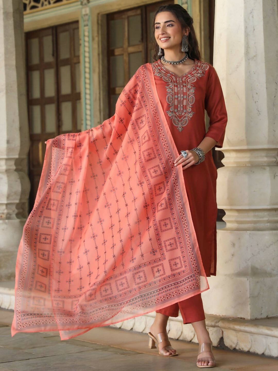 Juniper Women's Rust Silk Solid Embroidered Kurta Set