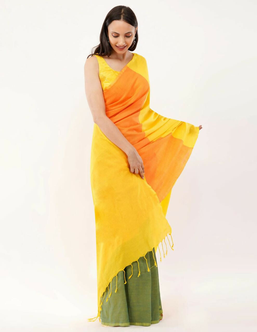 Exclusive Collection Beautiful Khadi Cotton Yellow Orange Green Handloom Grab2Buy 