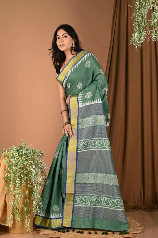Very Much Indian Pure Cotton Handloom Saree With Intricate Borders - Green - Grab2buy