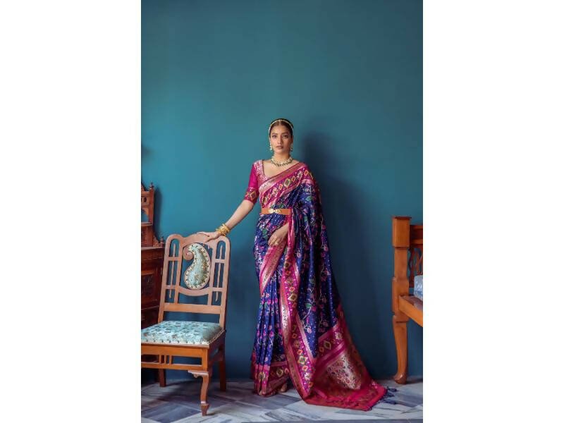 Aastha Fashion Women's Navy Blue Paithani Silk Meenakari Zari Woven Saree with Blouse - Grab2buy