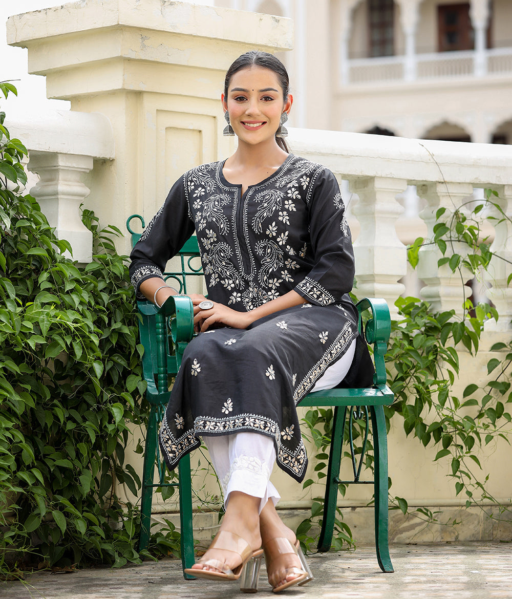 Kaajh Women's Black Chikhankari Embroidered Kurta Pant Set