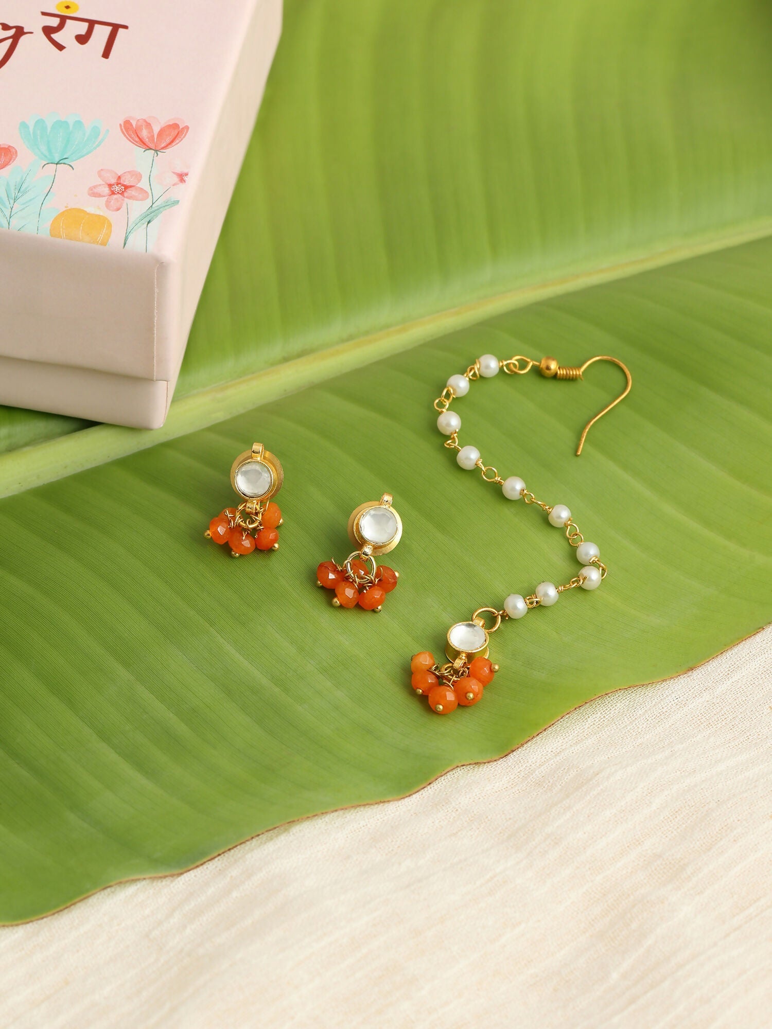 Ruby Raang Mannat Set Of 2 - Orange Embedded Maang Tikka And Earrings