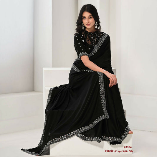 Black Crepe Satin Silk Sequence & Handwork Saree With Unstitched Blouse - Norita Saanjh