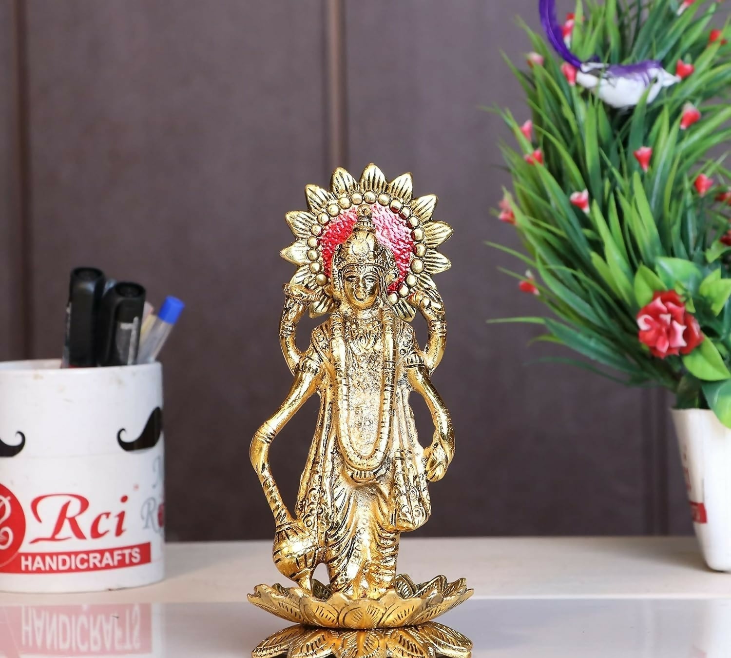 Kridaykraft Gold-Polished Narayan/Vishnu Standing On Lotus Metal Statue 