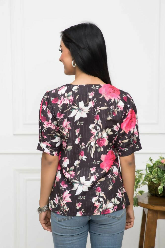 Myshka Women V-Neck Regular Sleeves Viscose Rayon Black Floral Top