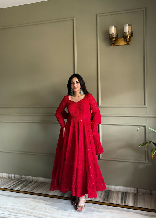 Teeya Creation Red Color Faux Georgette Heavy Embroidery Work Functional Wear Gown