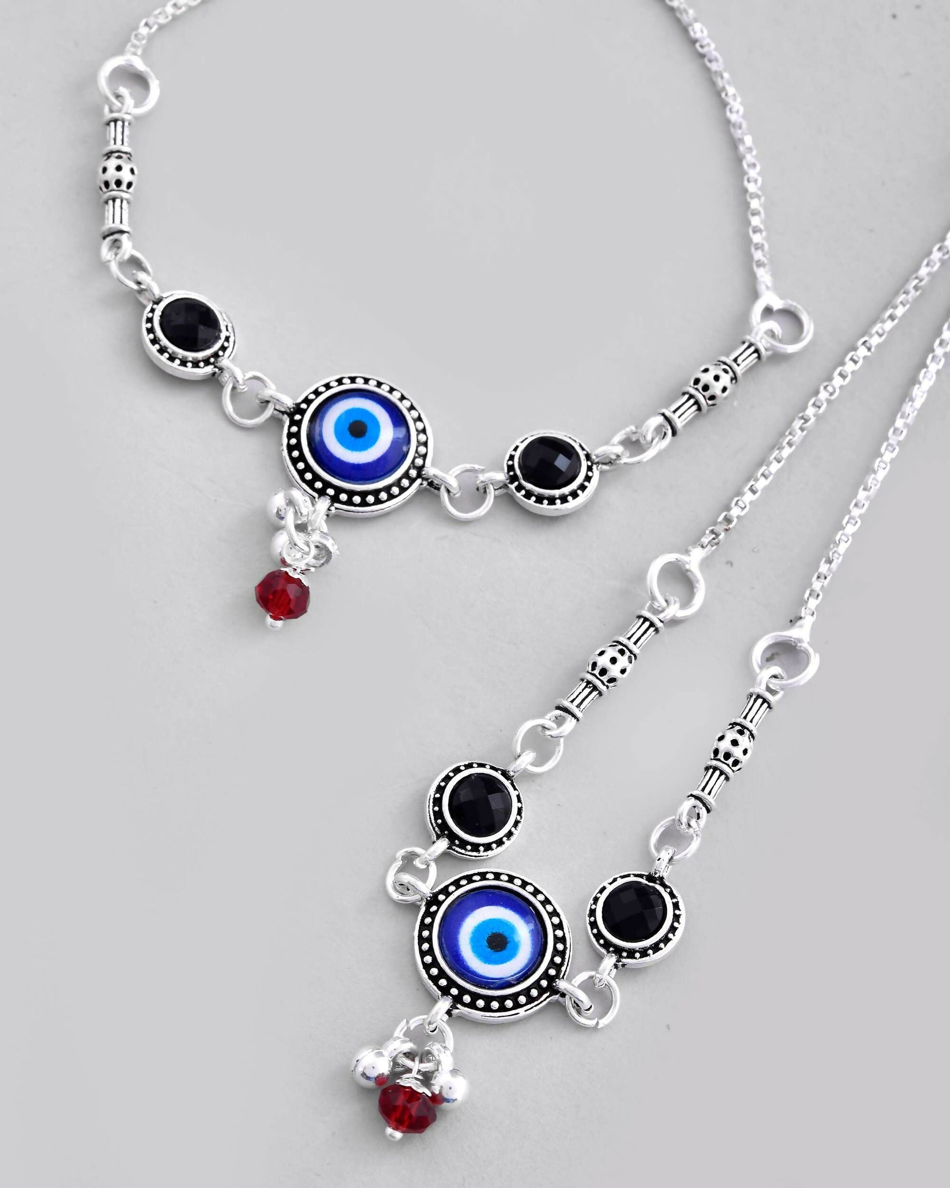 VOJ Set of 2 Silver Plated Evil Eye HandCrafted Adjustable Anklet 