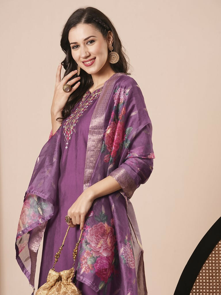 Purple Viscose Chanderi Embroidery Work Kurta Set - Riya