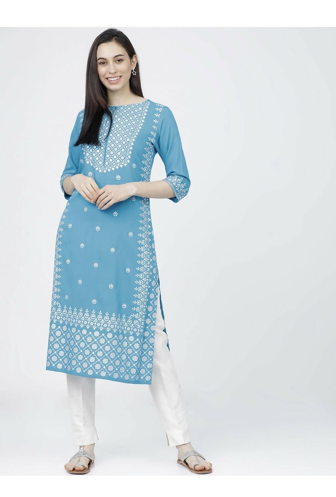 Cheera Embellished Daily Wear Cotton Blend Kurta - Sky Blue - Grab2buy