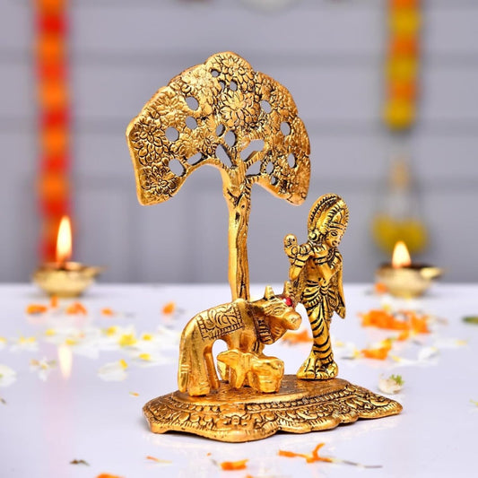 Ascension Designer Metal Cow Calf and Krishna Idol - Grab2buy