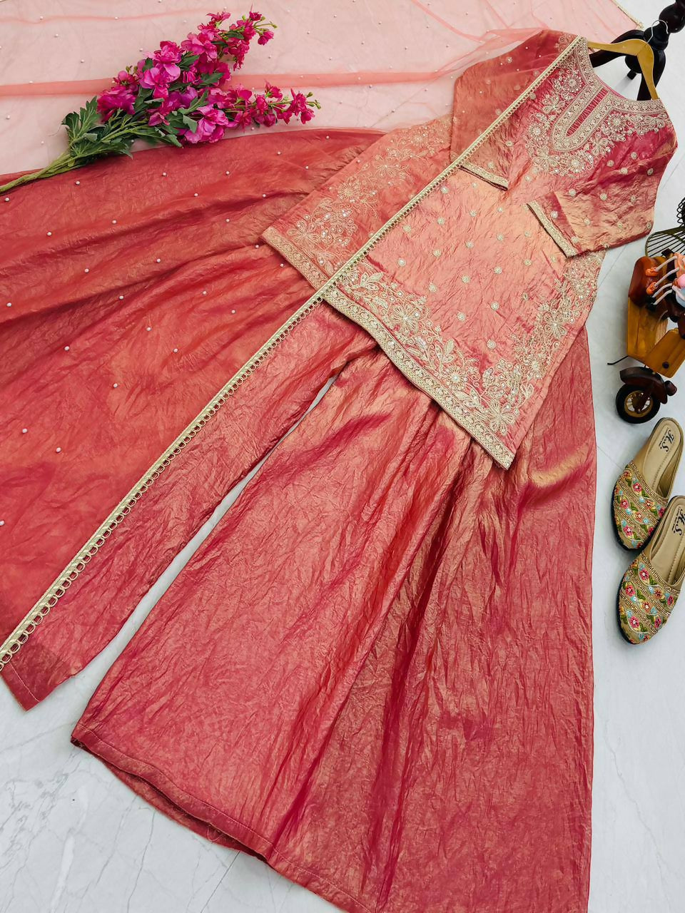 Teeya Creation New latest Trending Embroidery Siqunce And Daimond Hand Work Kurta Palazzo Set - Peach