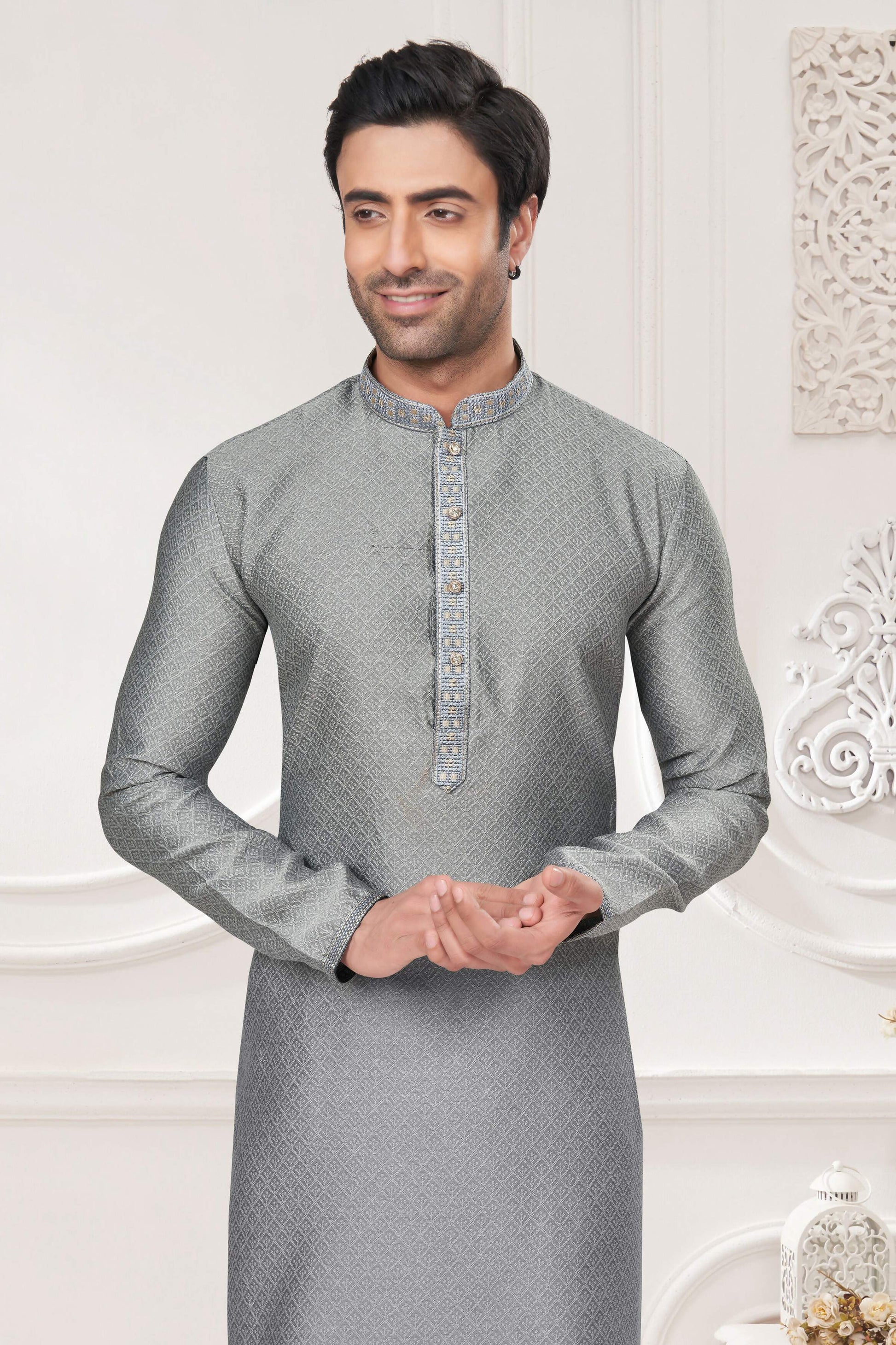 Functional Designer Men's Grey Jacquard Kurta With Pant - Rudra