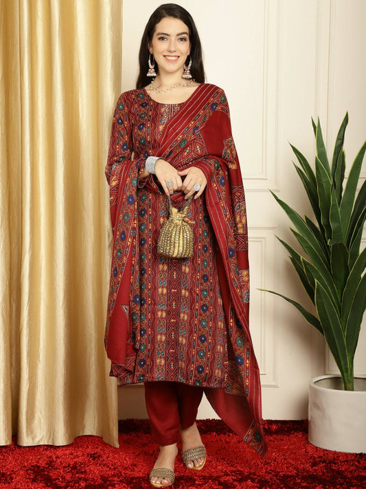 Aastha Fashion Women's Maroon Pashmina Floral Digital Printed Kurta with Trouser & Dupatta - Grab2buy