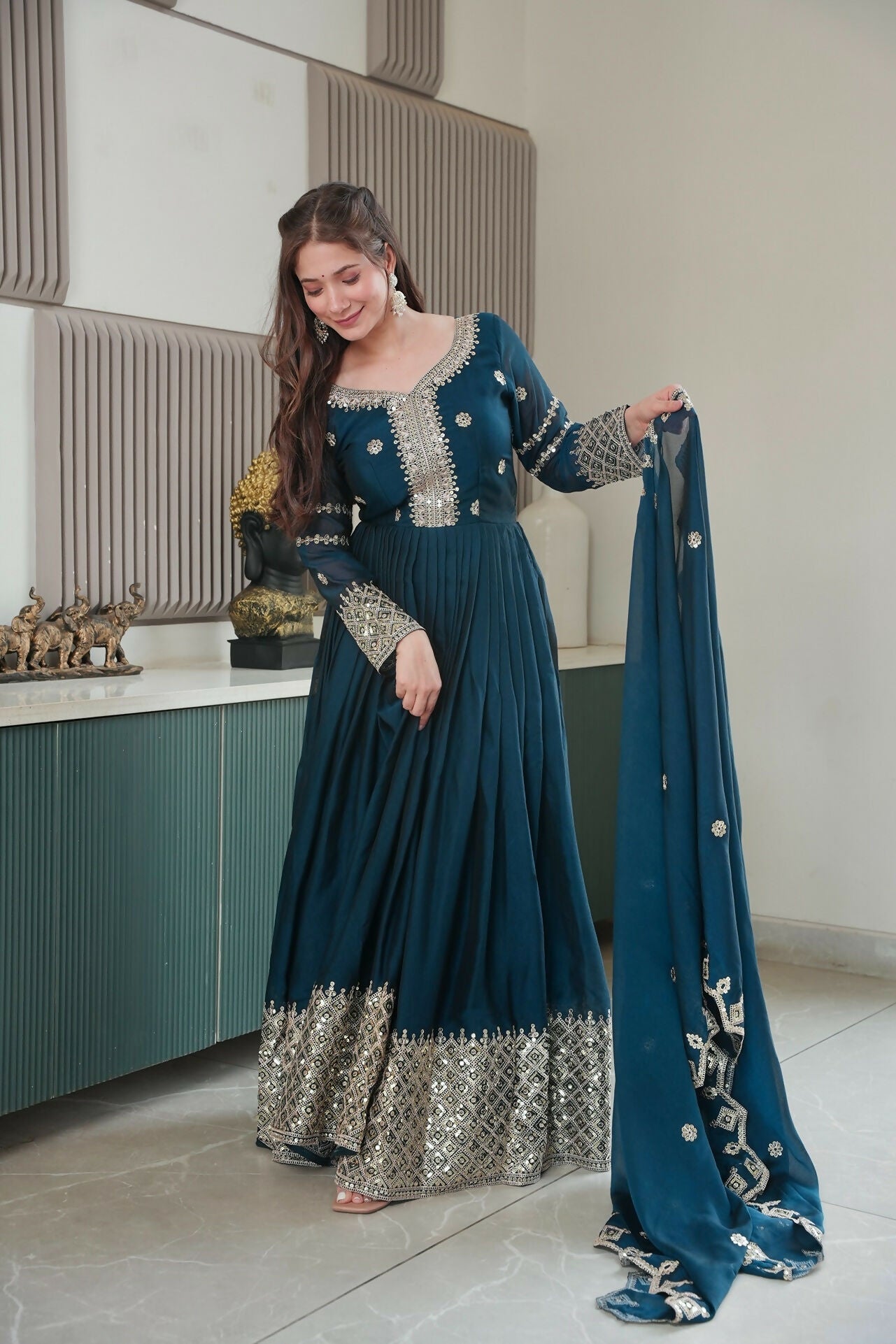 Teeya Creation Teal Color Heavy Crush Silk Wedding Wear Embroidery Work Long Gown