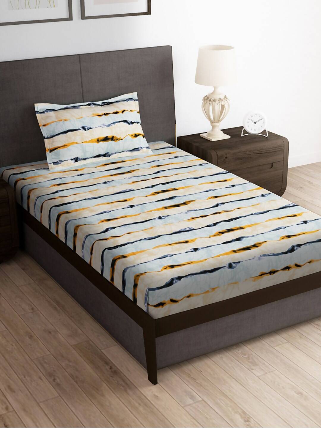 Story@home Arena Cream-Coloured & Grey Printed 180 TC Bedsheet & Pillow Covers 