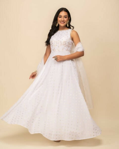 FIORRA Women's White Georgette Anarkali Kurta With Dupatta 