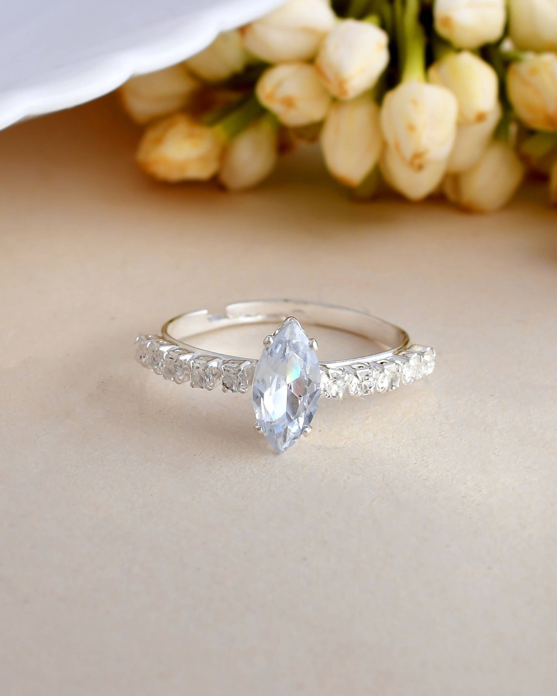 VOJ white CZ-detail Stainless Steel Cubic Zirconia Silver Plated Adjustable Finger Ring 