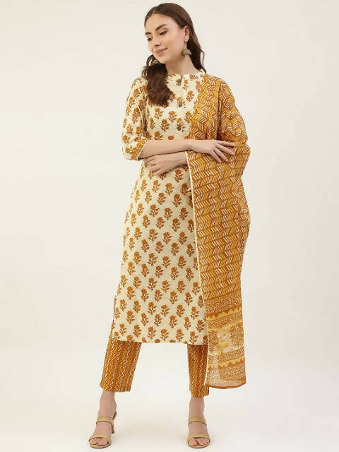 FIORRA Women's Yellow Cotton Straight Kurta Pant With Dupatta 