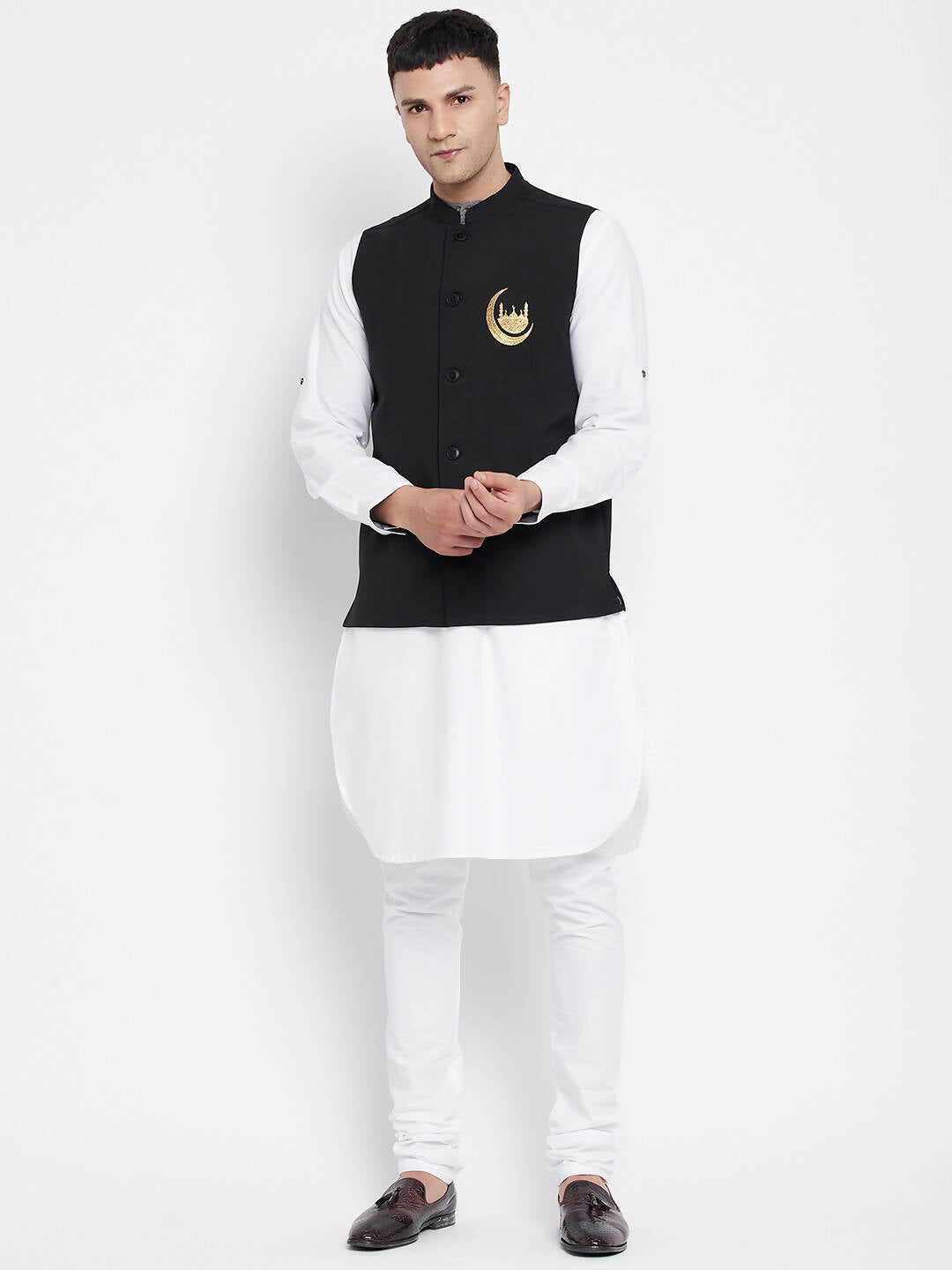 Even Apparels Black Pure Cotton Nehru Jacket With Eid Insignia NJ-PW668-CHA 