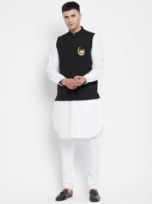 Even Apparels Black Pure Cotton Nehru Jacket With Eid Insignia NJ-PW668-CHA 