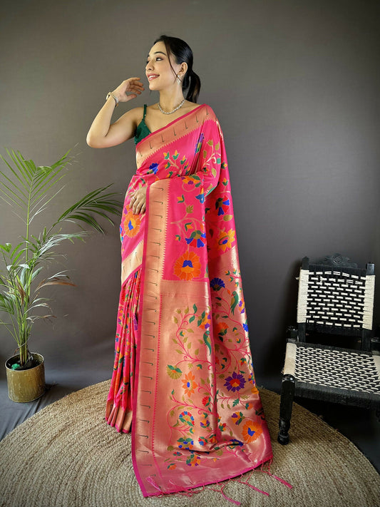 Joban Fashion Reddish Pink Zari Woven Floral Motifs Soft Silk Paithani Silk Saree