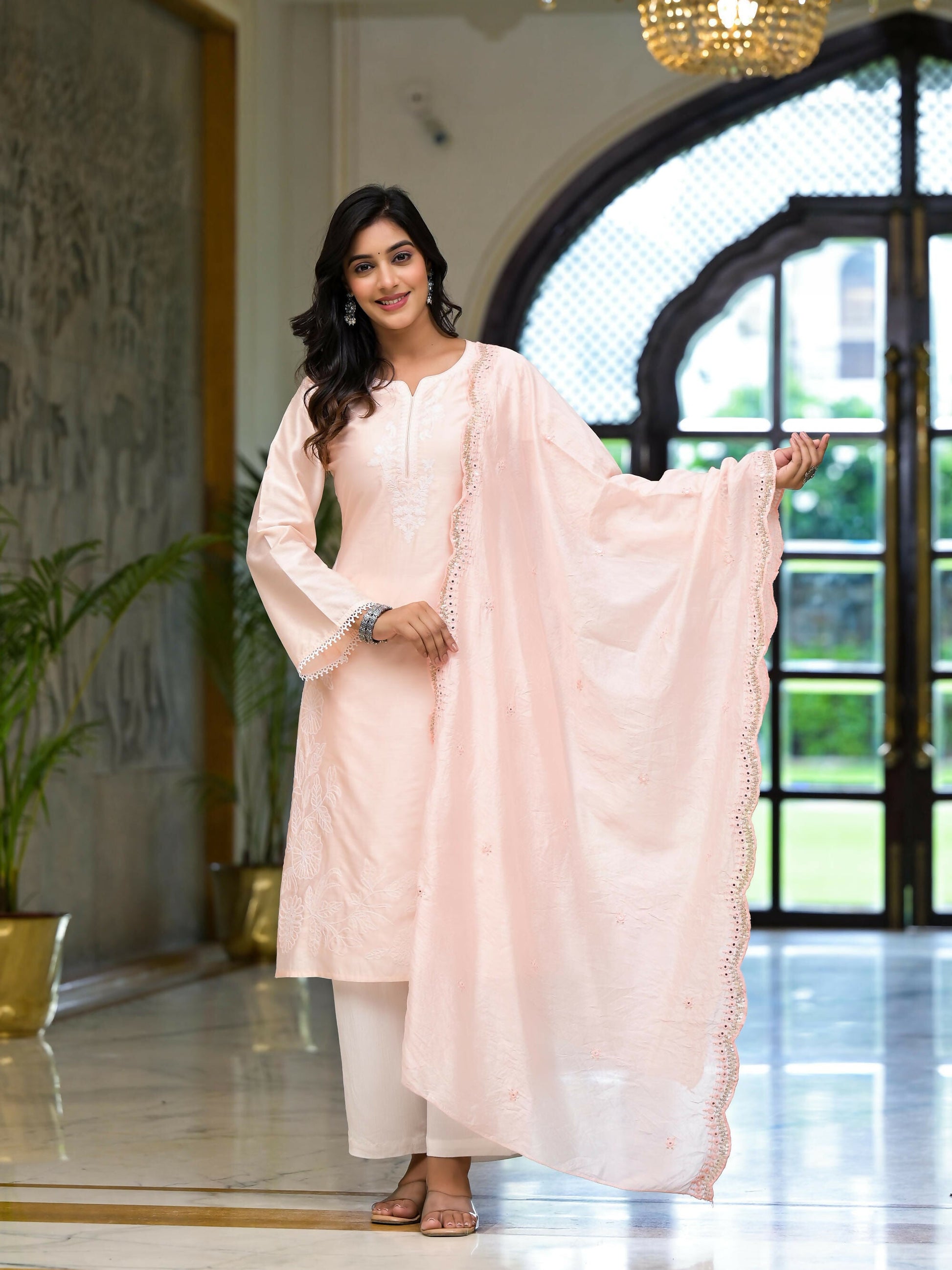 Juniper Women's Pink Thread Embroidered Viscose Kurta Palazzo And Dupatta Set With Thread & Mirror Work