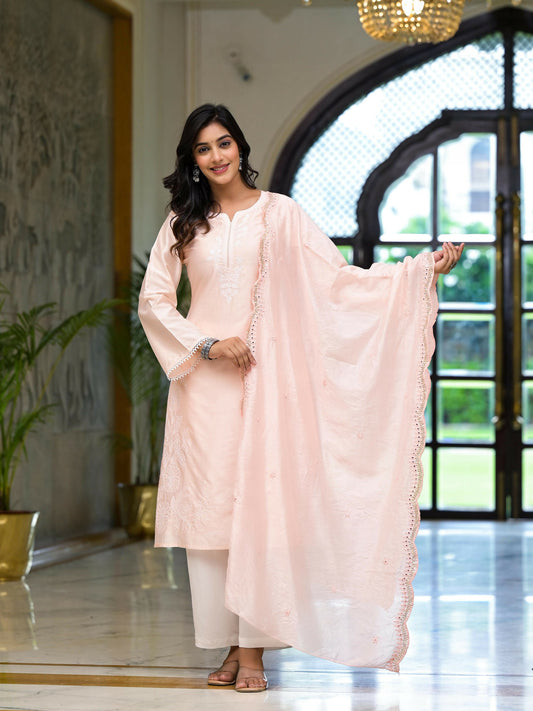 Juniper Women's Pink Thread Embroidered Viscose Kurta Palazzo And Dupatta Set With Thread & Mirror Work