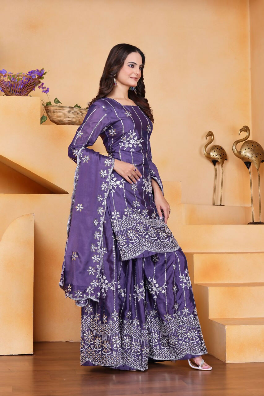 Joban Fashion Purple Silk Embroidered Sharara Set