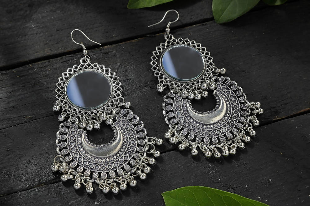 Mominos Fashion Johar Kamal Silver Oxidised Mirror Chandbali Earrings - Grab2buy