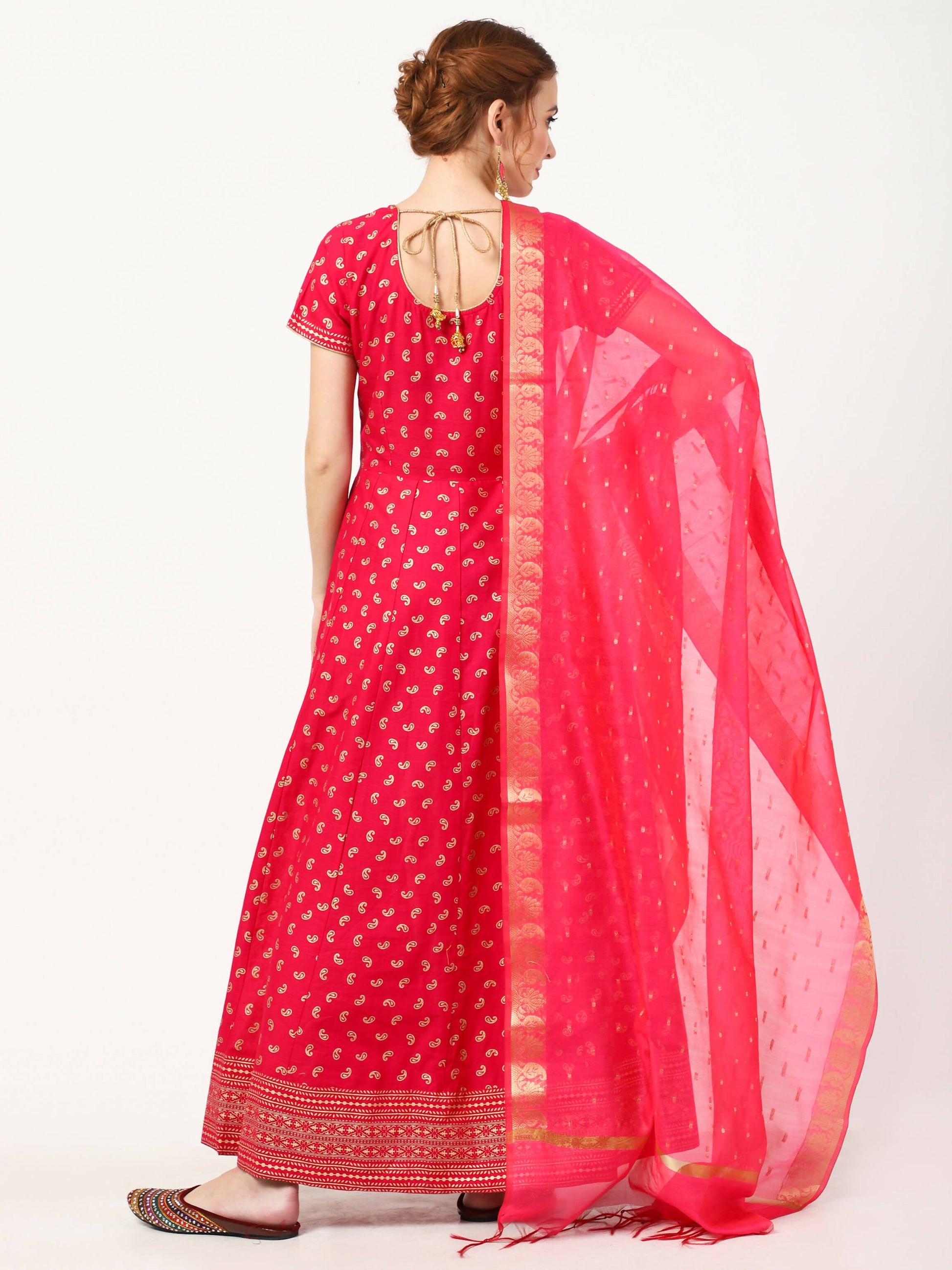 Cheera Women's Deep Pink Cotton & Silk Hand Block Print Long Dress With Silk Dupatta Set