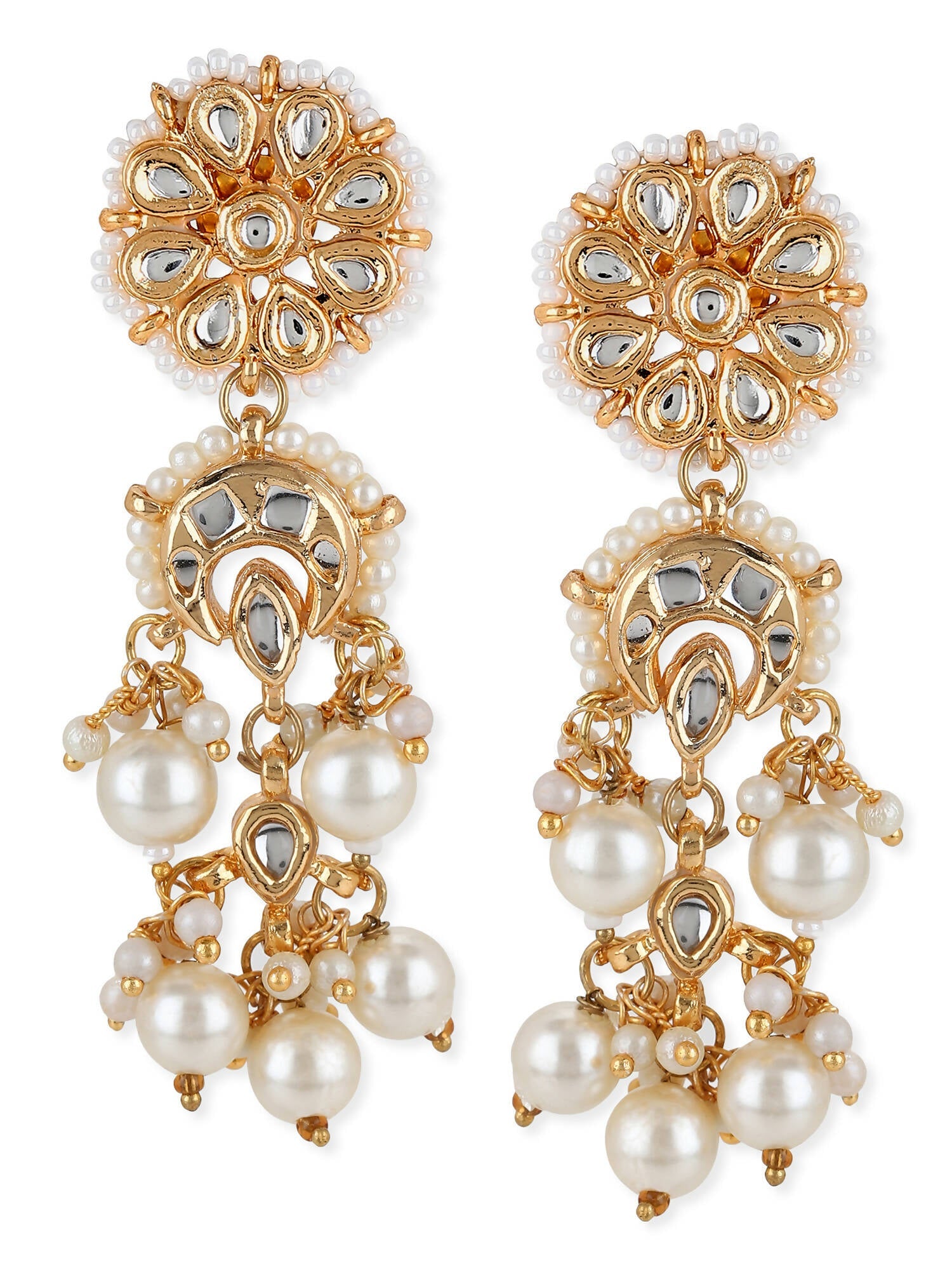 Gold-Toned White Pearl Beaded Contemporary Gold-Plated Jhumkas Earrings - Ruby Raang - Grab2buy