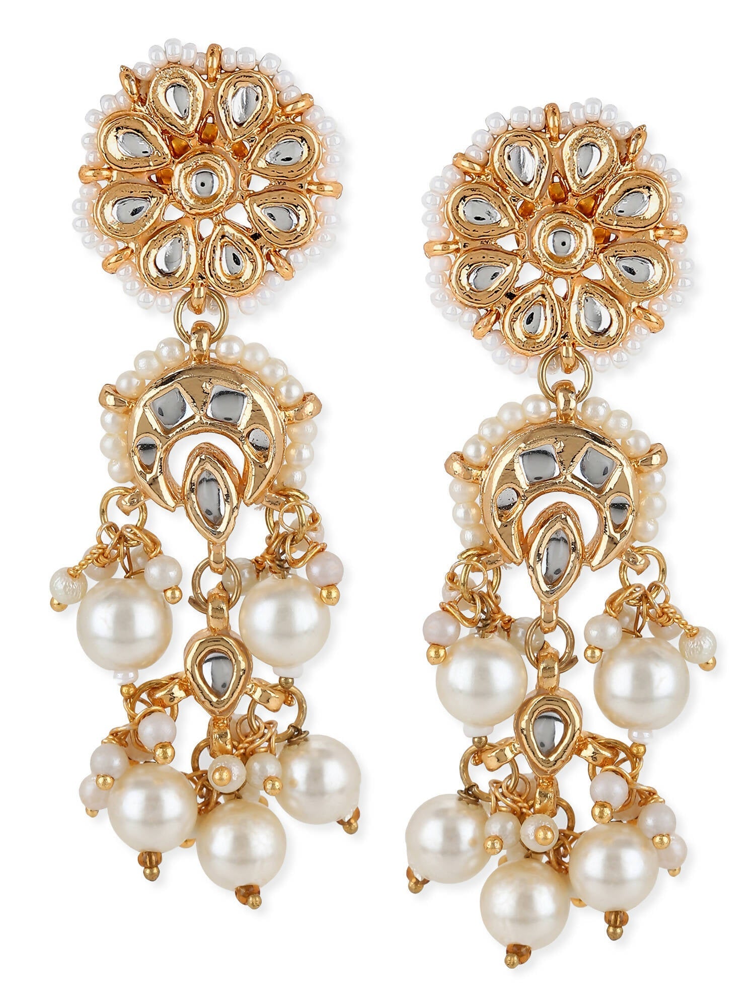Gold-Toned White Pearl Beaded Contemporary Gold-Polished Jhumkas Earrings - Ruby Raang - Swadesiicart
