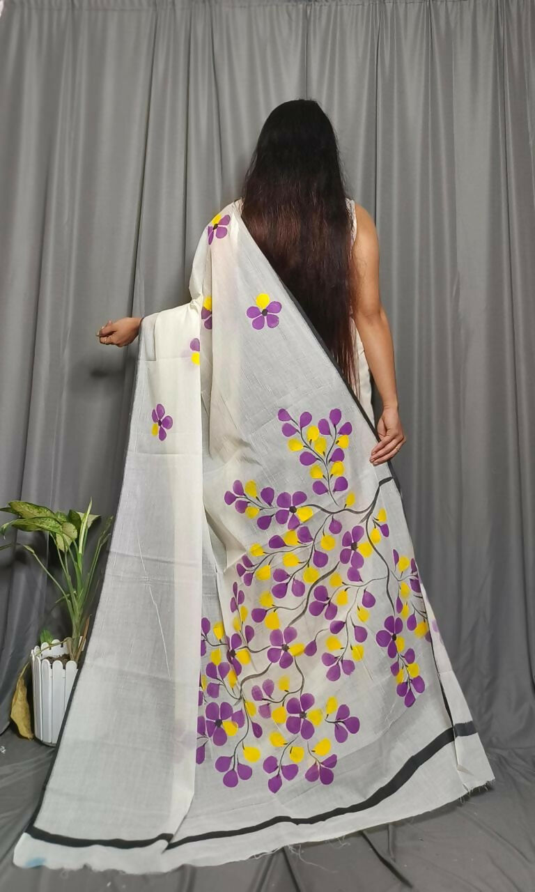 Exclusive Collection Beautiful White Purple Pure Cotton Hand Print Handloom Grab2Buy With Running Blouse Piece 