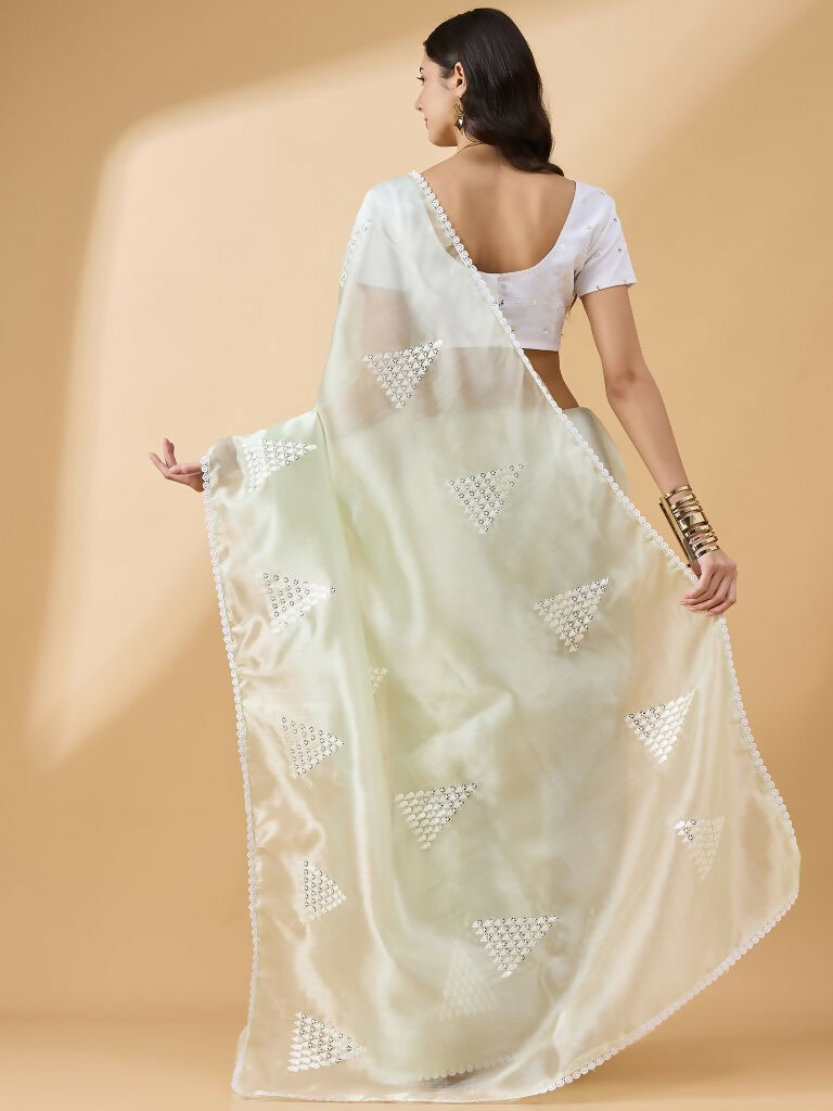 Green Tissue Slub Embroidered Saree with Unstitched Blouse - Vairagi