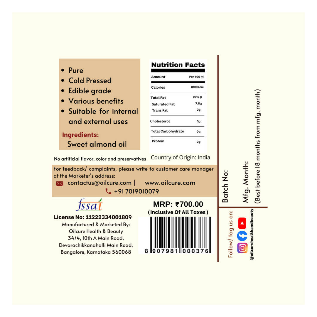 Oilcure Sweet Almond Oil Cold Pressed 