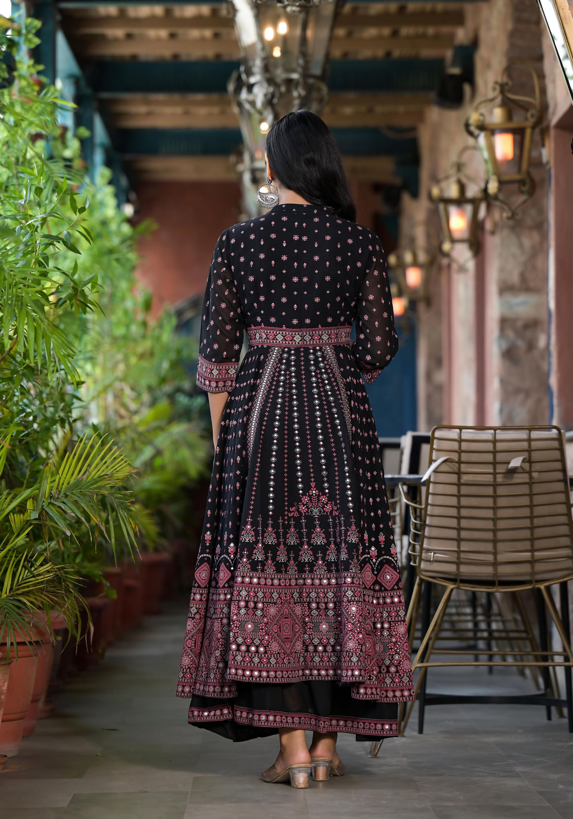 Juniper Women's Black Ethnic Motif Printed Georgette A-line Dress With Mirror Work & Sequins