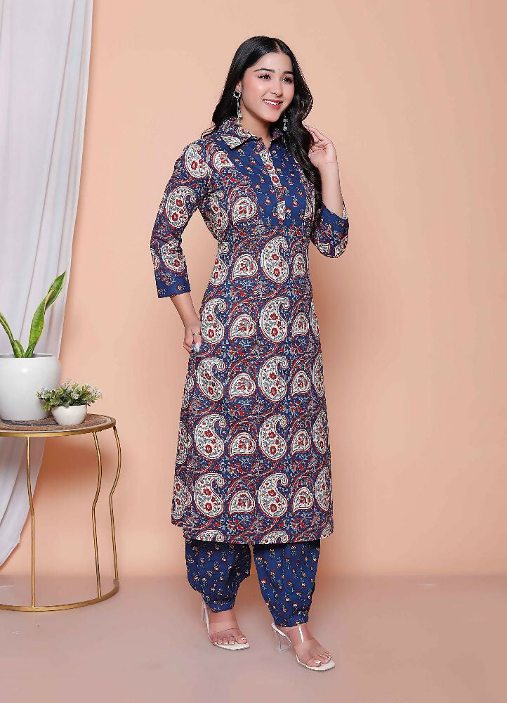 Miravan Womens Cotton Floral Printed Shirt-Collar Straight Kurta And Palazzo Set