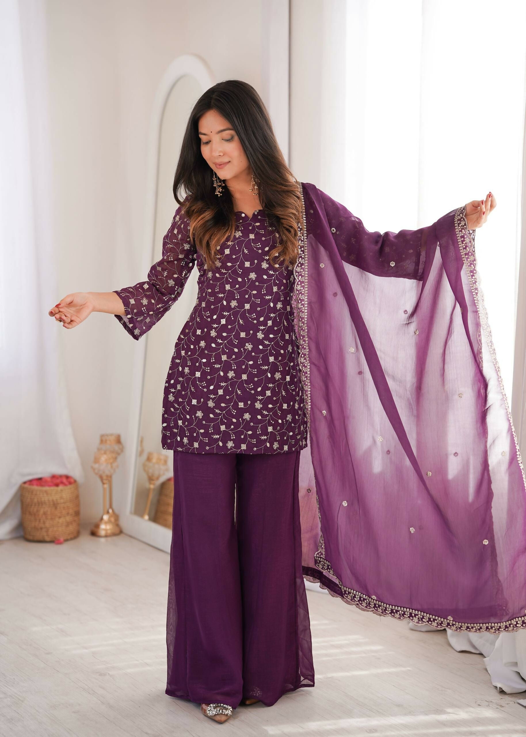 Teeya Creation Wine Color Crunchy Silk Party Wear Palazzo Set