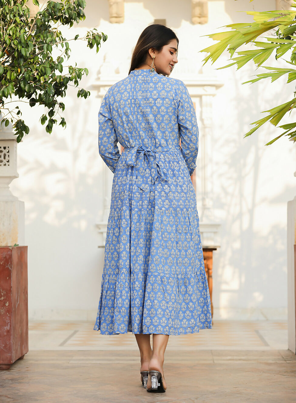 Kaajh Women's Blue Floral Handblock Print Cotton Dress