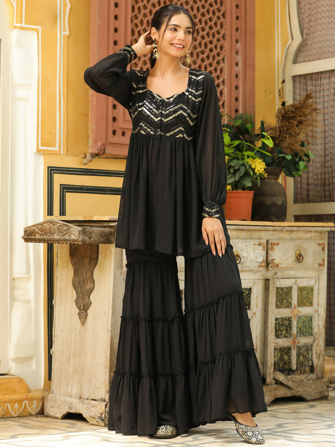 Janasya Black Georgette Sequined Tunic & Bottom 