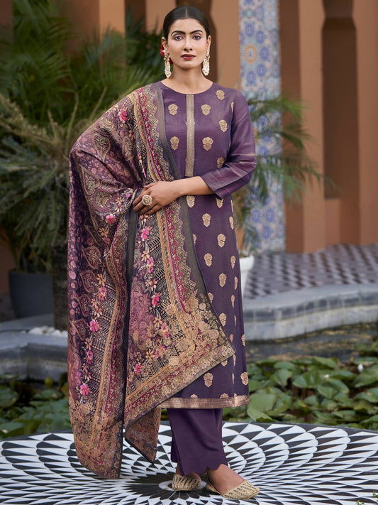 Aastha Fashion Women's Purple Pure Silk Elegant Jacquard Woven Kurta with Trouser & Dupatta - Grab2buy