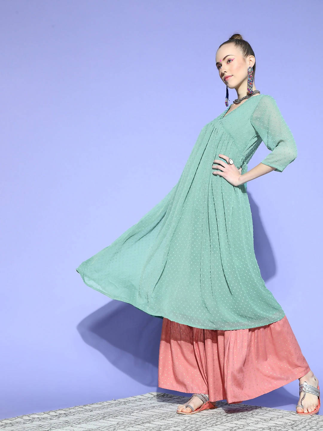 Janasya Women Green Woven Design Dobby Weave Kurta