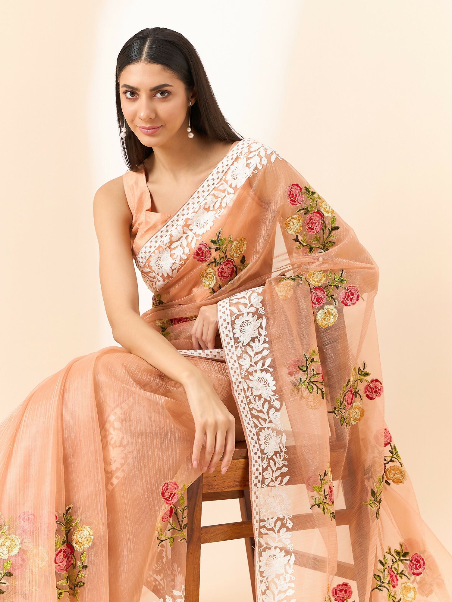 Peach Organza Floral Embroidered Saree with Unstitched Blouse Piece - Roozal