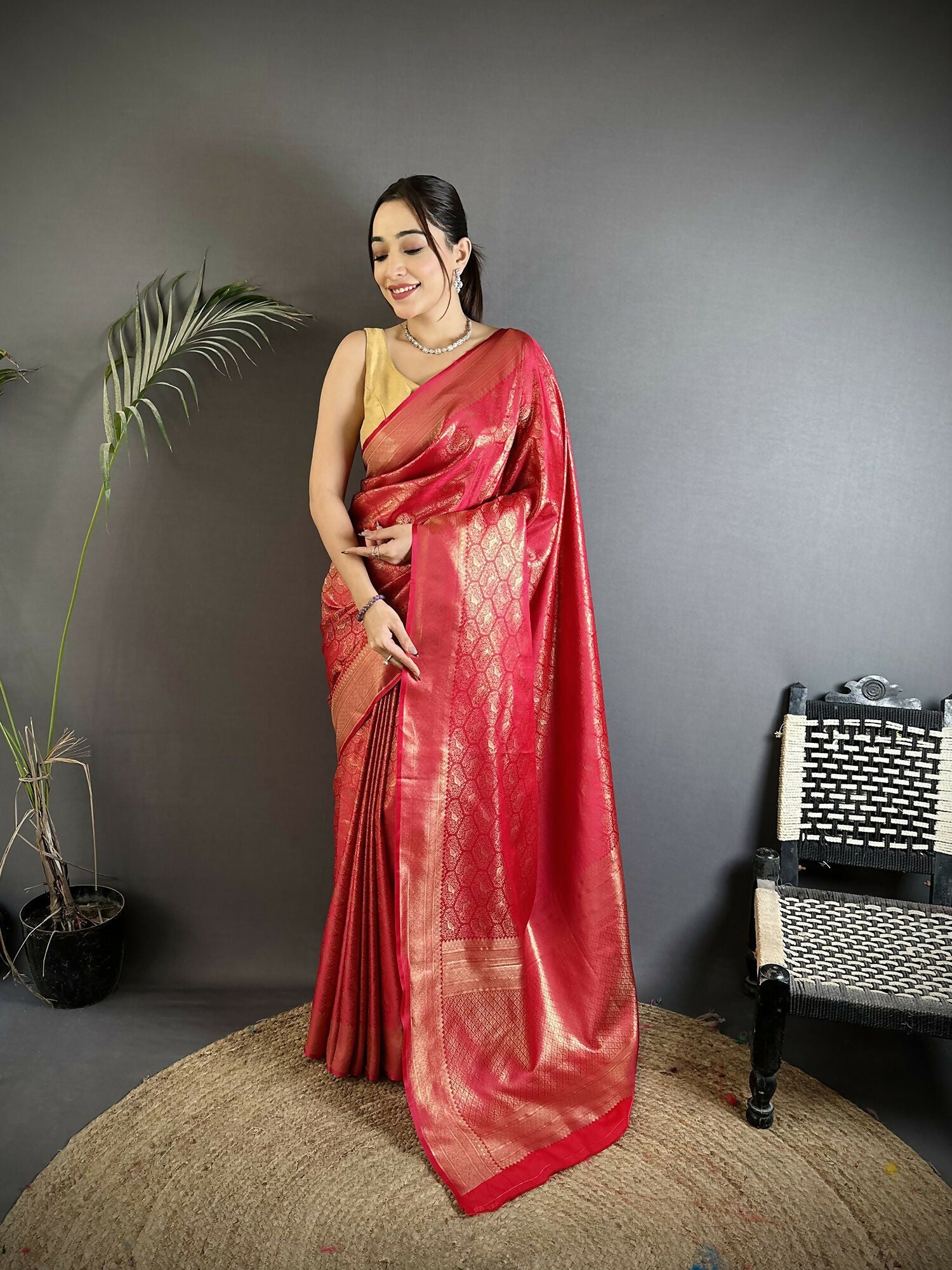 Joban Fashion Red Paisley & Floral Soft Satin Silk Banarasi Silk Saree