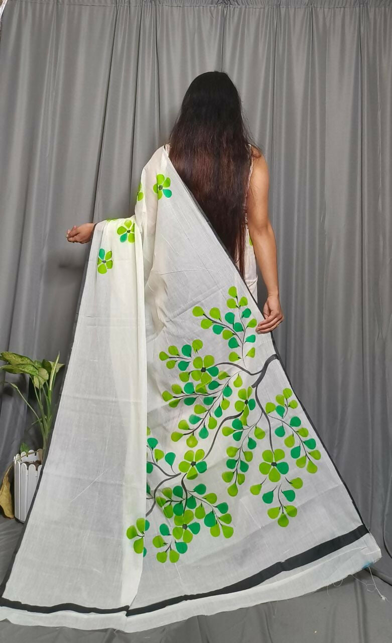 Exclusive Collection Beautiful White Light Green Pure Cotton Hand Print Handloom Grab2Buy With Running Blouse Piece 