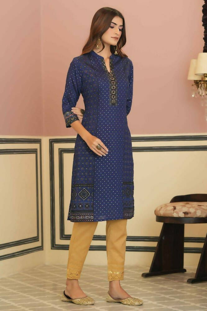 Juniper Indigo Rayon Festive Gold Foil Printed Straight Kurta For Women