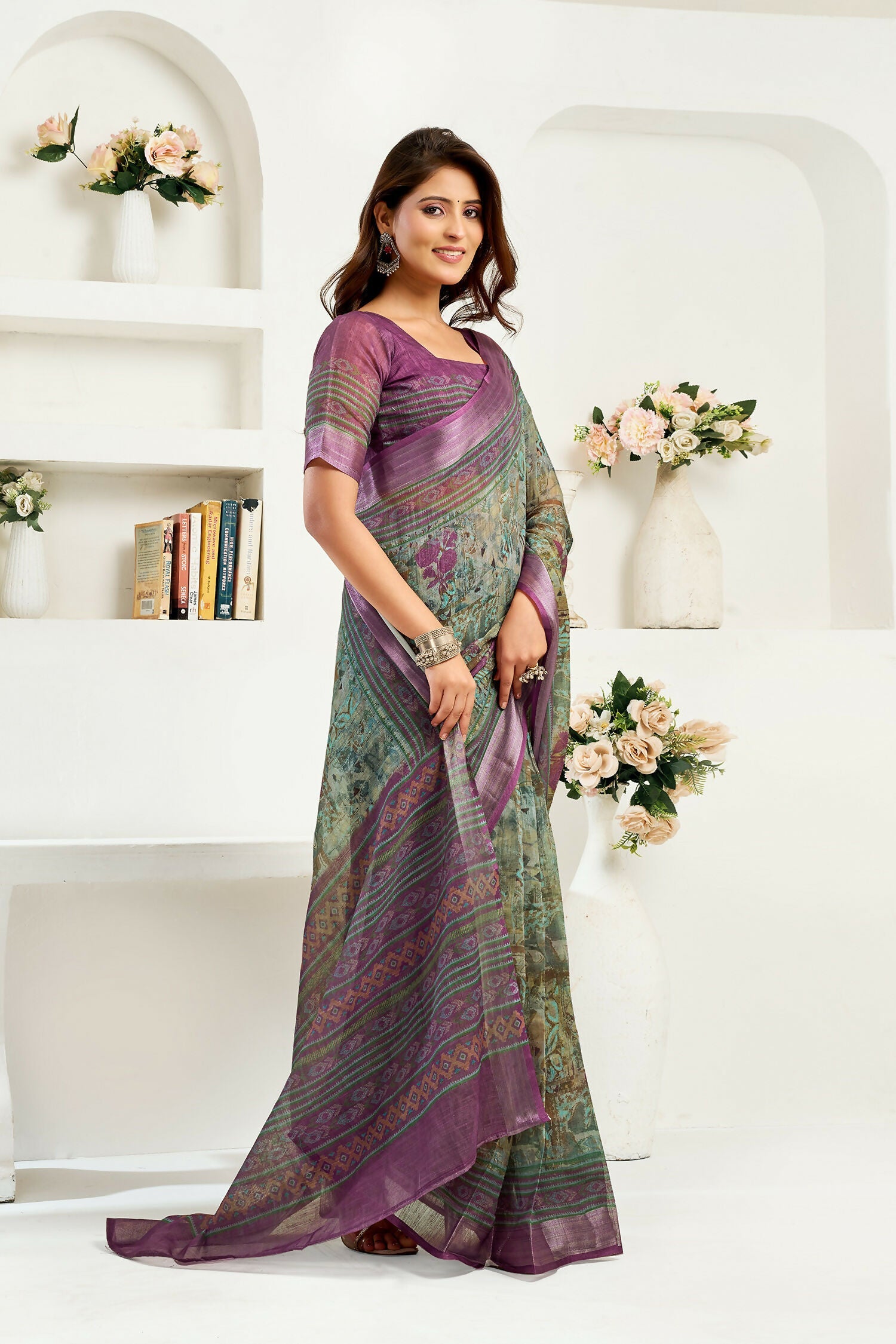 Joban Fashion Multicoloured Ikkat & Floral Linen Ready To Wear Saree With Unstitched Blouse