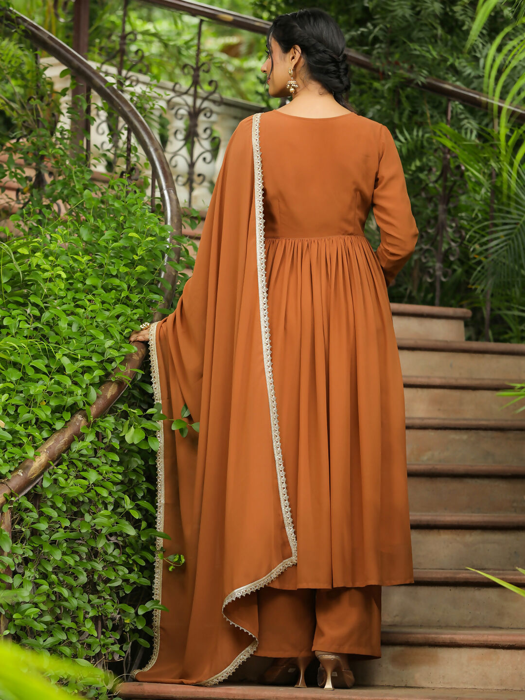 Janasya Brown Georgette Yoke Embroidery Kurta,Bottom & Dupatta 